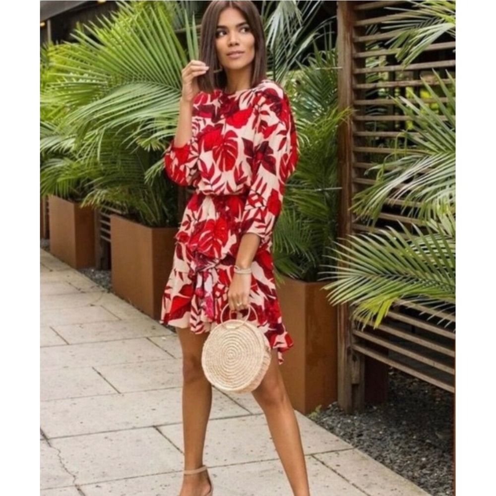 NWT Johanna Ortiz x HM Red Tropical Leaf Ruffle Mini Flounce Dress XS Resort